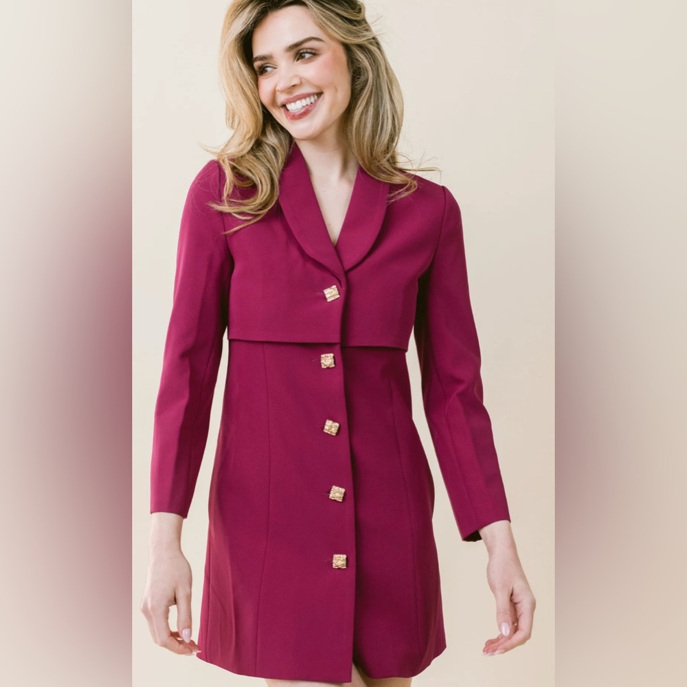 LAROQUE- Tori Dress In Plum, Chic Magenta Long Sleeve Coat Dress NWT
